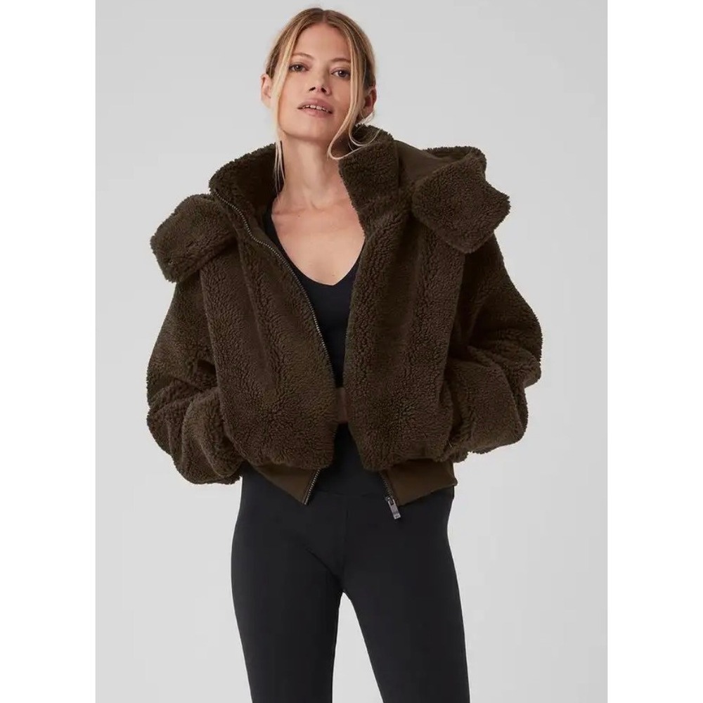Alo Yoga Foxy Sherpa Jacket Womens Large Brown Hooded Full Zip Cropped